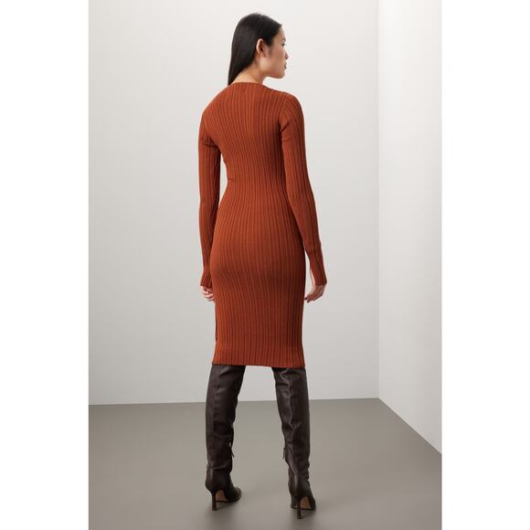 Adam Lippes Side Button Midi Dress Ribbed Sweater Brown Long Split Sleeve Sz XS - Picture 3 of 11